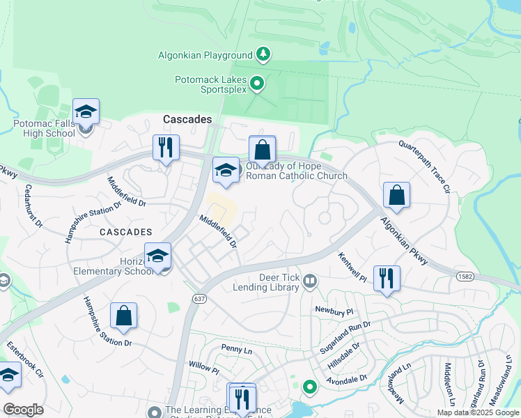 map of restaurants, bars, coffee shops, grocery stores, and more near 20484 Ashley Terrace in Sterling