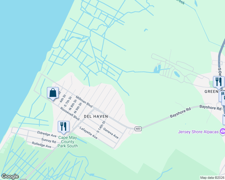 map of restaurants, bars, coffee shops, grocery stores, and more near 24 North 12th Street in Cape May County