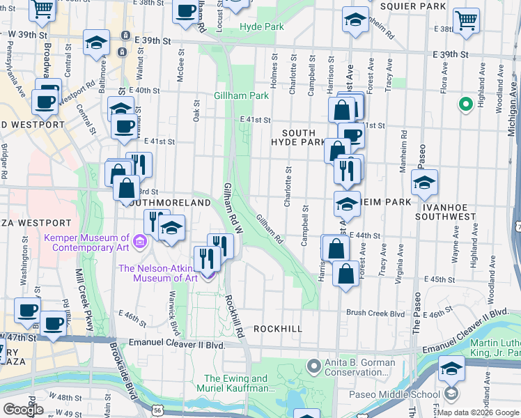 map of restaurants, bars, coffee shops, grocery stores, and more near 4331 Gillham Road in Kansas City