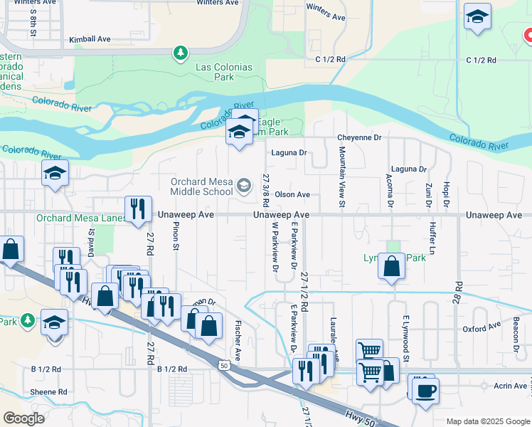 map of restaurants, bars, coffee shops, grocery stores, and more near 2736 C Road in Grand Junction
