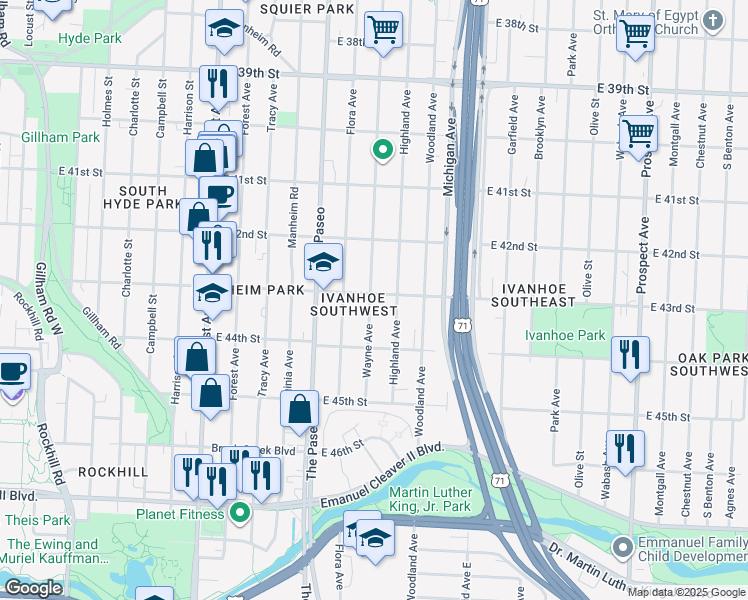 map of restaurants, bars, coffee shops, grocery stores, and more near 4314 Wayne Avenue in Kansas City