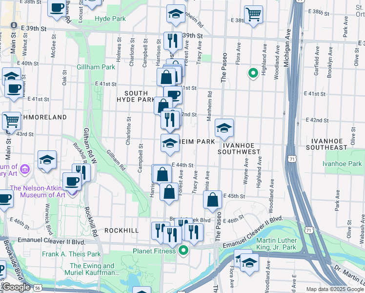 map of restaurants, bars, coffee shops, grocery stores, and more near 4311 Forest Avenue in Kansas City