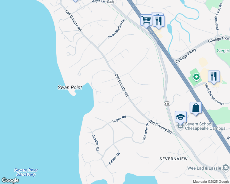 map of restaurants, bars, coffee shops, grocery stores, and more near 104 Bellehahn Court in Severna Park