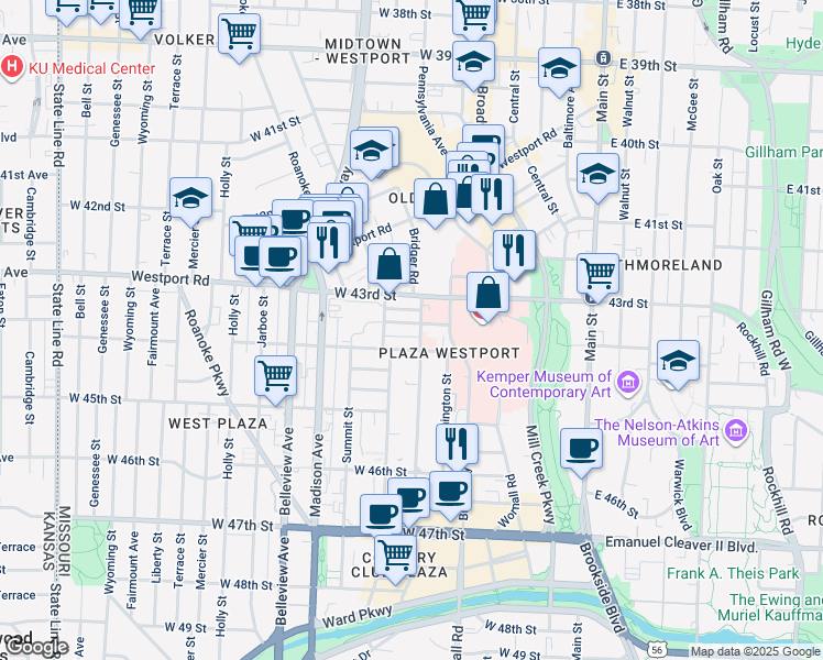 map of restaurants, bars, coffee shops, grocery stores, and more near 510 Northwest 44th Street in Kansas City