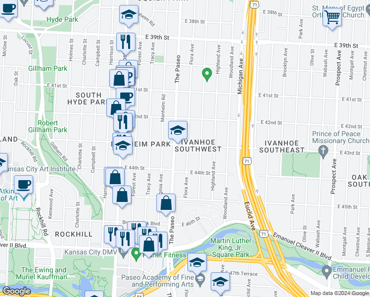 map of restaurants, bars, coffee shops, grocery stores, and more near 4302 Flora Avenue in Kansas City