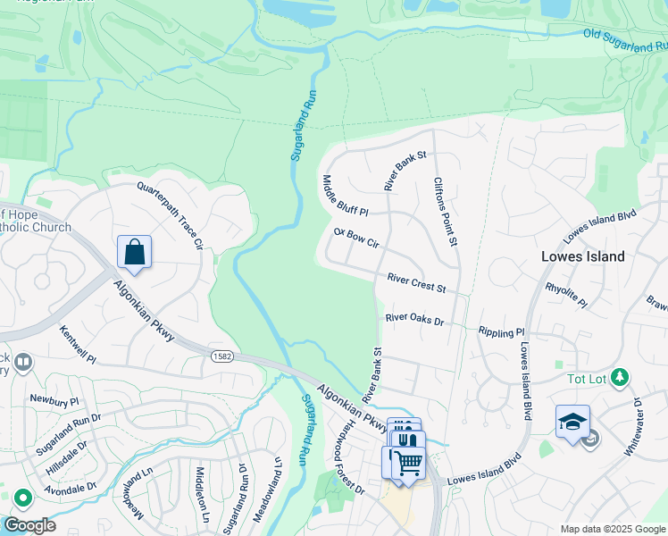 map of restaurants, bars, coffee shops, grocery stores, and more near 47297 Ox Bow Circle in Sterling