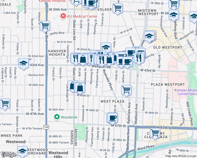 map of restaurants, bars, coffee shops, grocery stores, and more near 4403 Fairmount Avenue in Kansas City