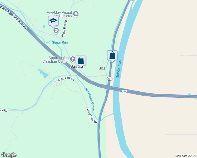 map of restaurants, bars, coffee shops, grocery stores, and more near 104 Brookside Drive in Piketon