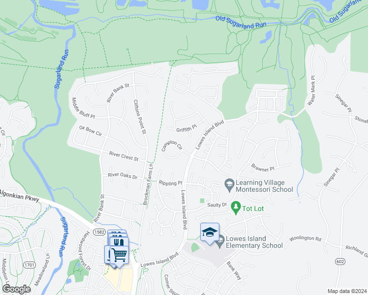 map of restaurants, bars, coffee shops, grocery stores, and more near 47592 Compton Circle in Sterling