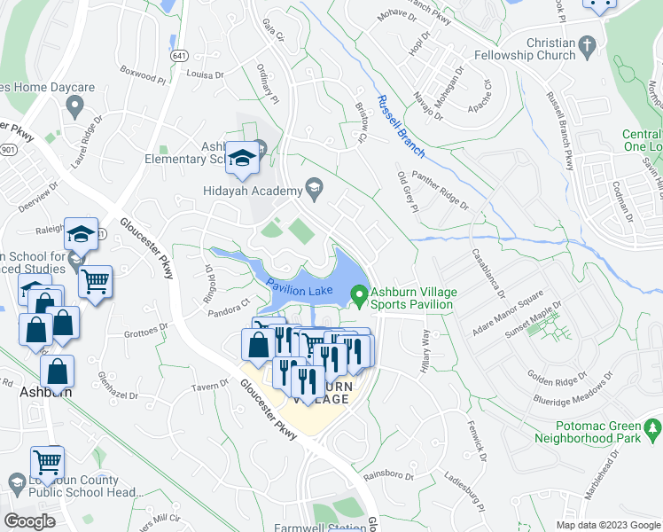 map of restaurants, bars, coffee shops, grocery stores, and more near 44165 Paget Terrace in Ashburn