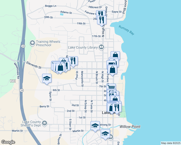 map of restaurants, bars, coffee shops, grocery stores, and more near 477 10th Street in Lakeport