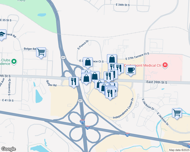 map of restaurants, bars, coffee shops, grocery stores, and more near 18637-18677 East 39th Street South in Independence
