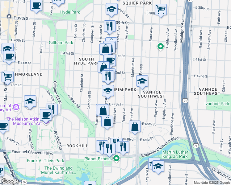 map of restaurants, bars, coffee shops, grocery stores, and more near 4325 Troost Avenue in Kansas City