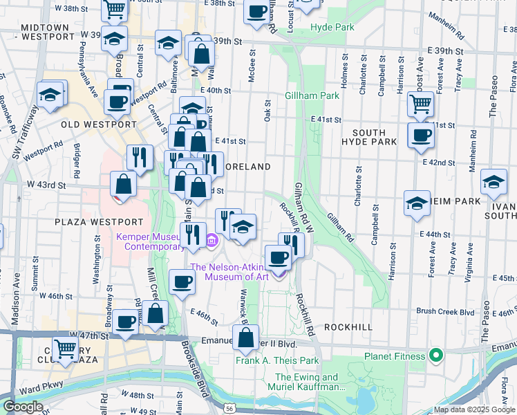 map of restaurants, bars, coffee shops, grocery stores, and more near 4331 McGee Street in Kansas City