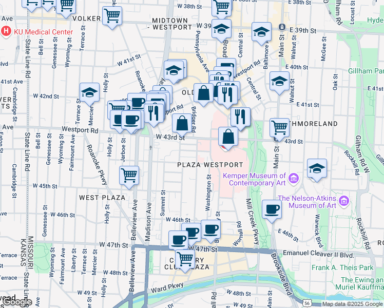 map of restaurants, bars, coffee shops, grocery stores, and more near 510 Northwest 44th Street in Kansas City