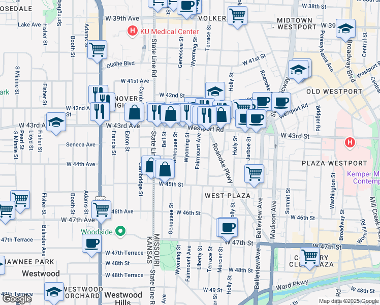 map of restaurants, bars, coffee shops, grocery stores, and more near 4404 Wyoming Street in Kansas City