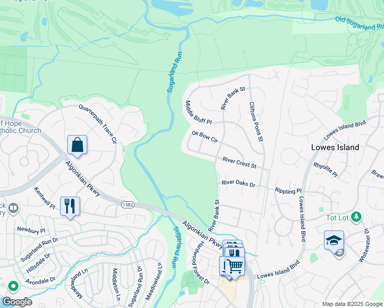 map of restaurants, bars, coffee shops, grocery stores, and more near 47297 Ox Bow Circle in Sterling