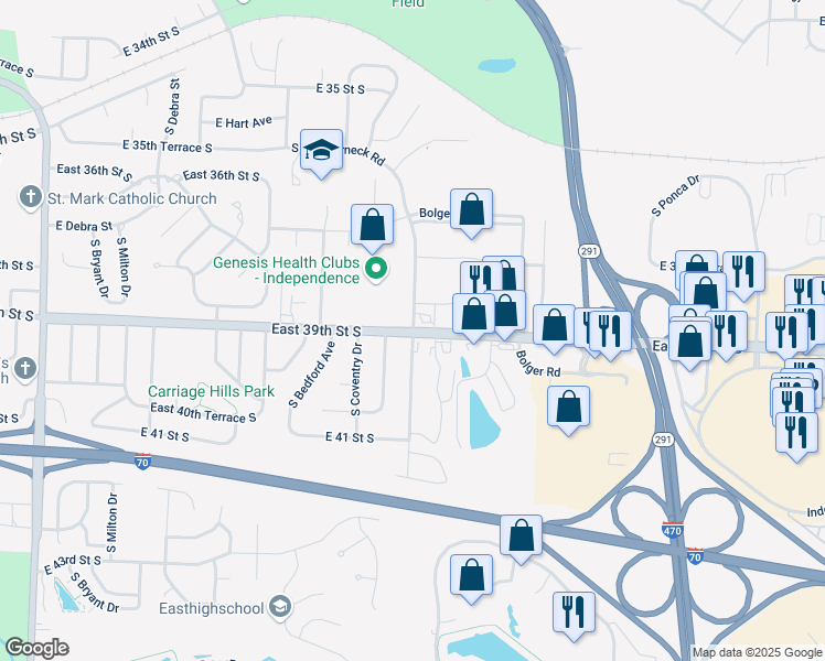 map of restaurants, bars, coffee shops, grocery stores, and more near East 39th St S & E Crackerneck Rd in Independence
