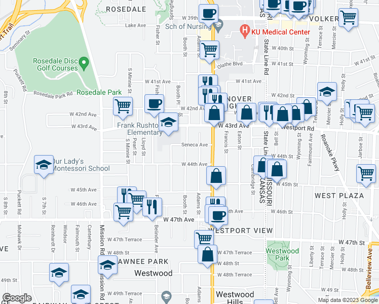 map of restaurants, bars, coffee shops, grocery stores, and more near 4407 Booth Street in Kansas City
