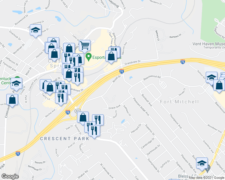 map of restaurants, bars, coffee shops, grocery stores, and more near Reserve Drive in Fort Mitchell