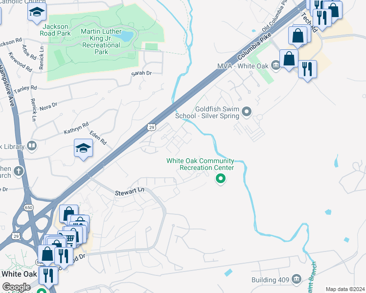 map of restaurants, bars, coffee shops, grocery stores, and more near 1647 Carriage House Terrace in Silver Spring