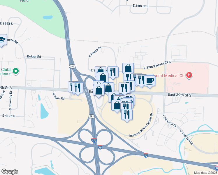 map of restaurants, bars, coffee shops, grocery stores, and more near 18700 East 39th Street South in Independence
