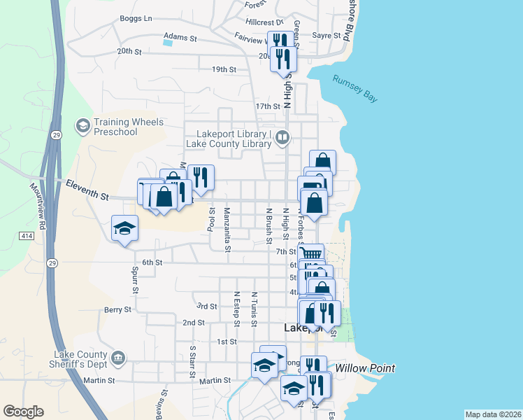 map of restaurants, bars, coffee shops, grocery stores, and more near 456 10th Street in Lakeport