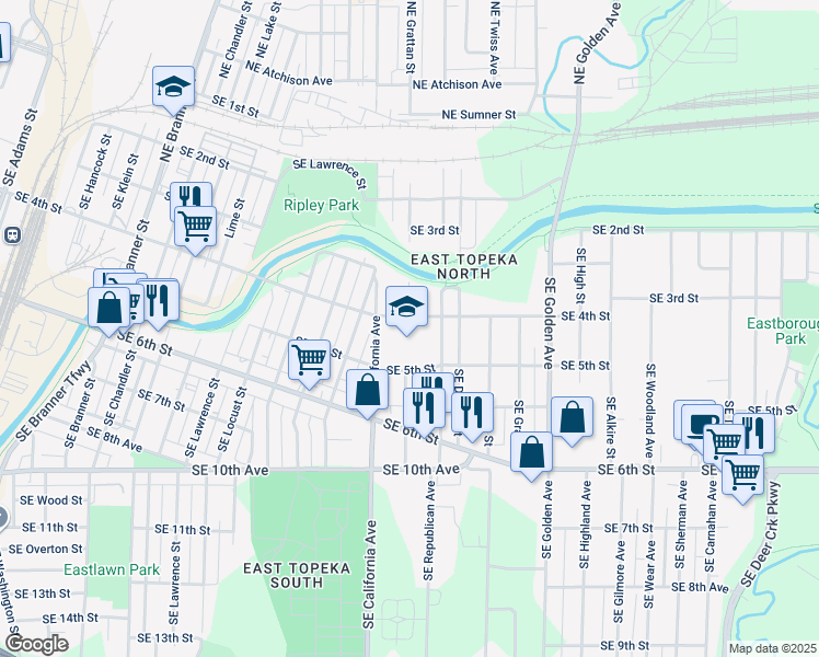 map of restaurants, bars, coffee shops, grocery stores, and more near 401 Southeast Market Street in Topeka