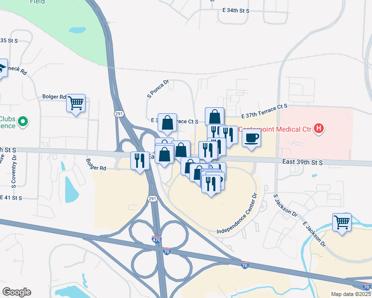 map of restaurants, bars, coffee shops, grocery stores, and more near 18700 East 39th Street South in Independence