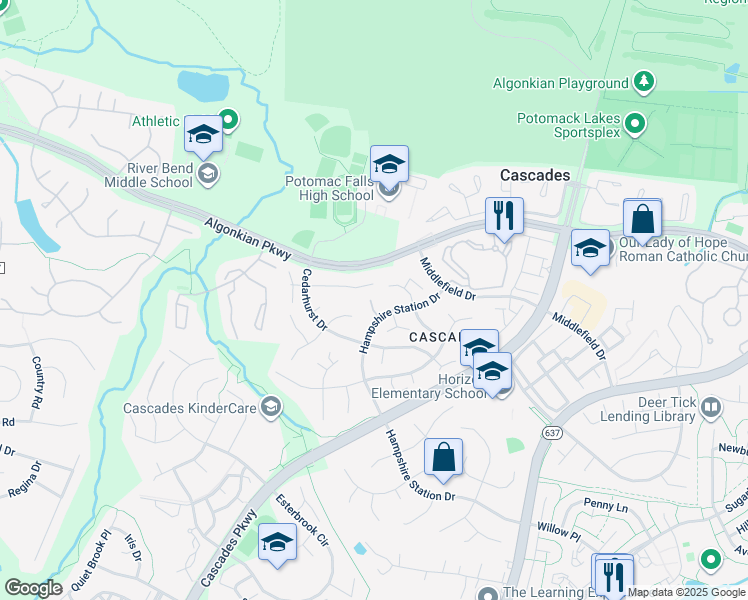 map of restaurants, bars, coffee shops, grocery stores, and more near 46411 Hampshire Station Drive in Sterling