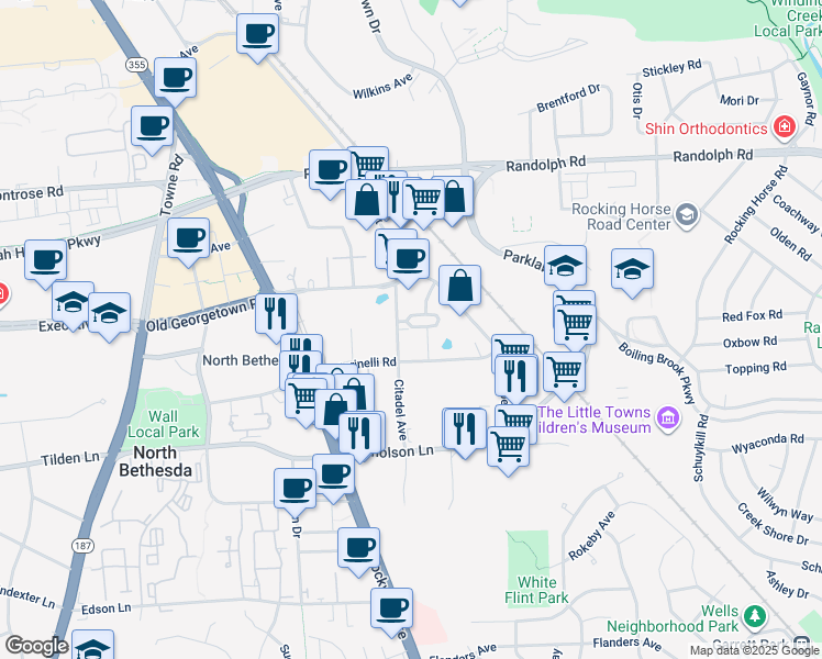 map of restaurants, bars, coffee shops, grocery stores, and more near 5410 McGrath Boulevard in North Bethesda