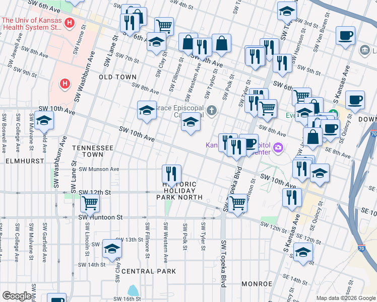 map of restaurants, bars, coffee shops, grocery stores, and more near 800 Southwest 10th Street in Topeka