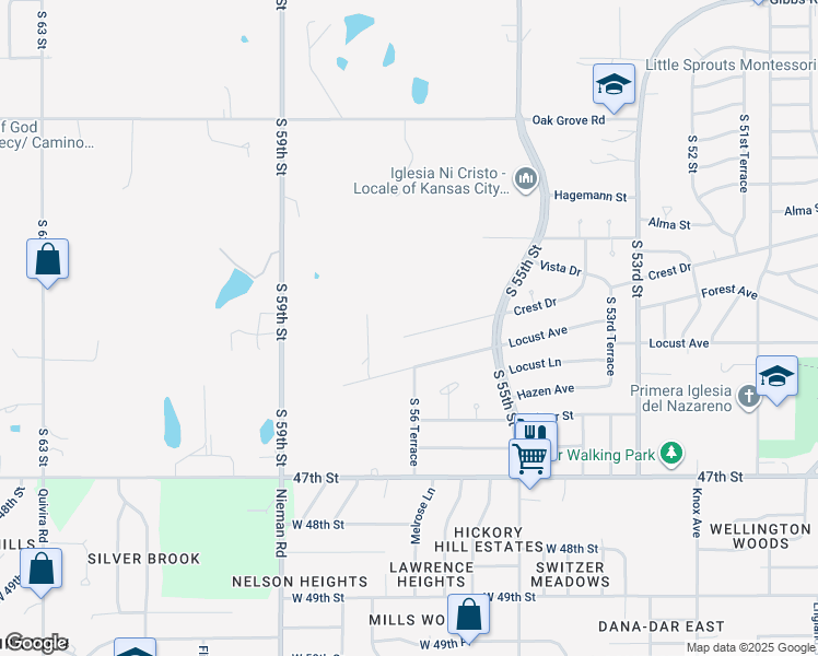 map of restaurants, bars, coffee shops, grocery stores, and more near 5644 Crest Drive in Kansas City