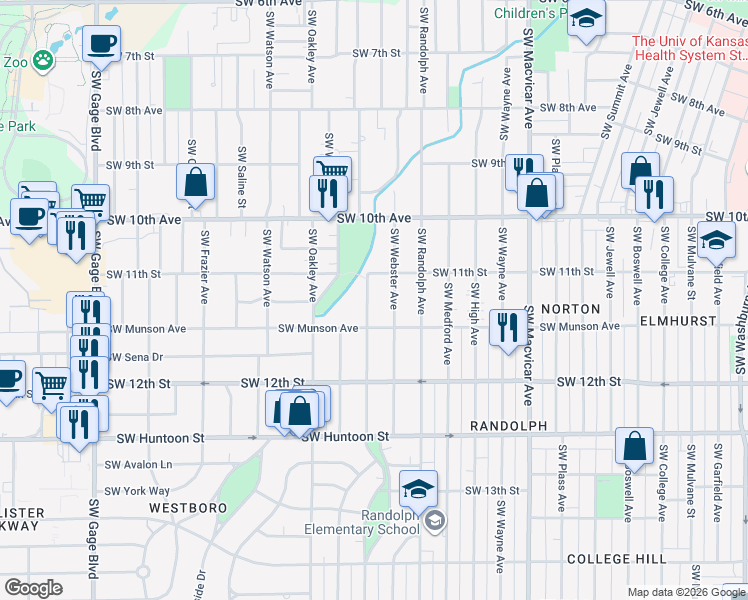 map of restaurants, bars, coffee shops, grocery stores, and more near 1139 Southwest Collins Avenue in Topeka