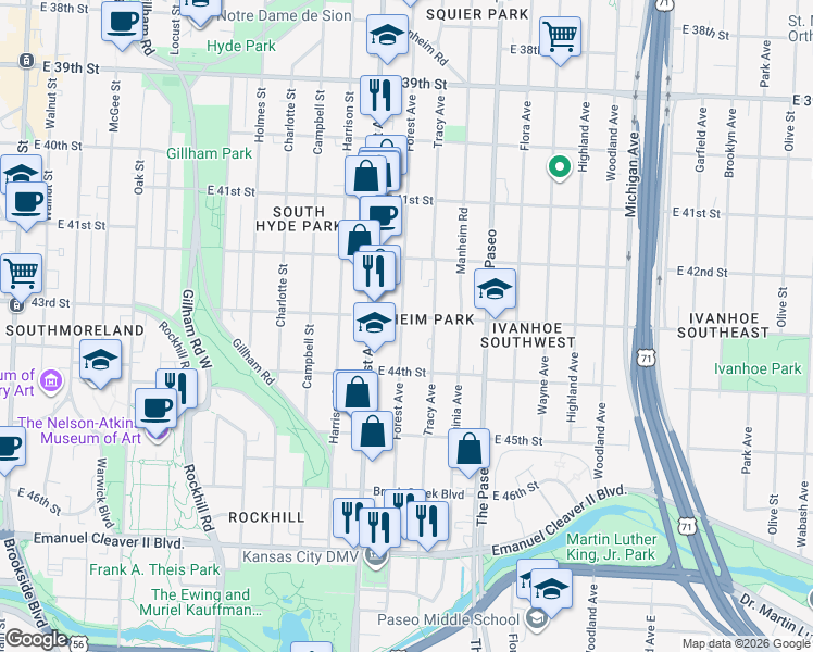 map of restaurants, bars, coffee shops, grocery stores, and more near 4301 Forest Avenue in Kansas City