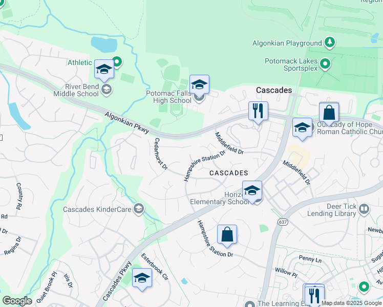 map of restaurants, bars, coffee shops, grocery stores, and more near 46411 Hampshire Station Drive in Sterling