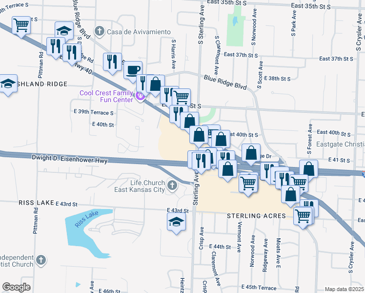 map of restaurants, bars, coffee shops, grocery stores, and more near 4035 Harvard Circle in Kansas City