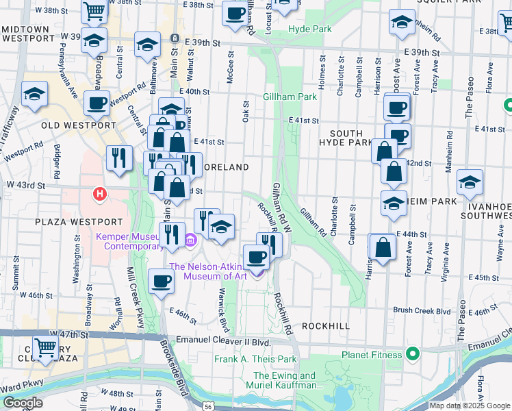 map of restaurants, bars, coffee shops, grocery stores, and more near 4334 Locust Street in Kansas City