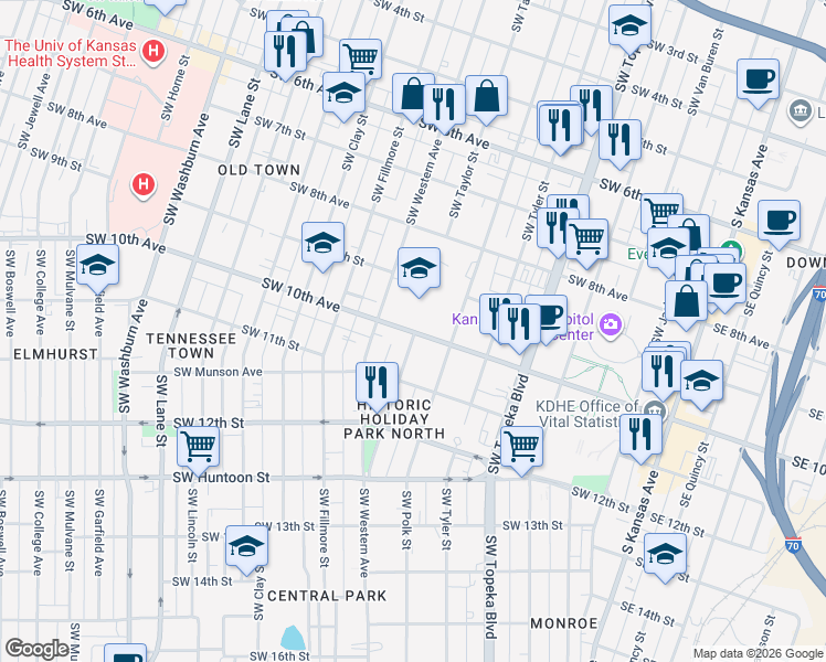 map of restaurants, bars, coffee shops, grocery stores, and more near 1015 Southwest Taylor Street in Topeka