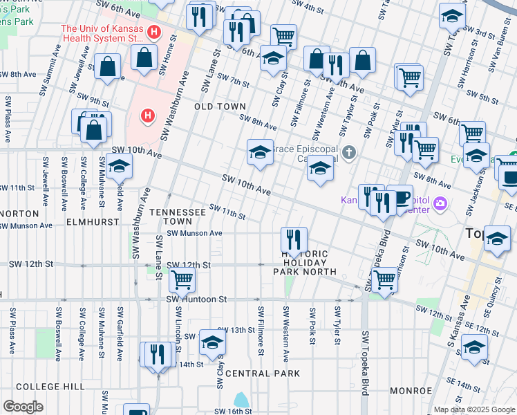 map of restaurants, bars, coffee shops, grocery stores, and more near 1035 Southwest Fillmore Street in Topeka