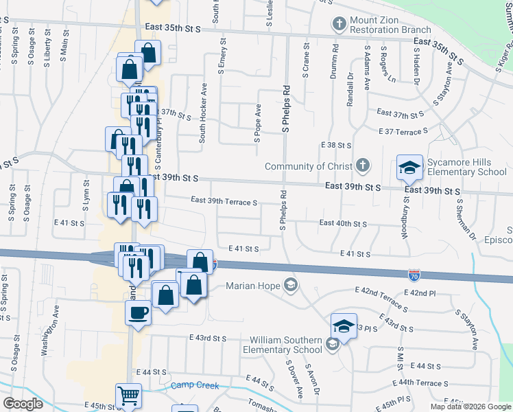 map of restaurants, bars, coffee shops, grocery stores, and more near 3928 South Leslie Avenue in Independence