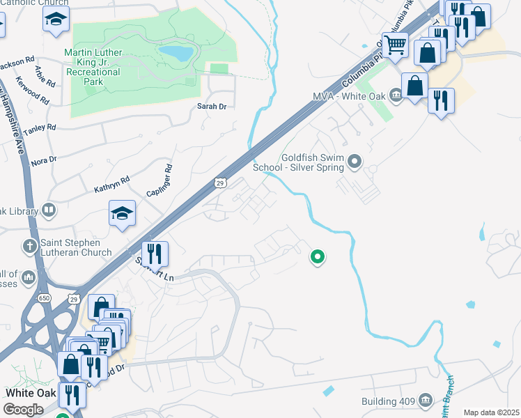 map of restaurants, bars, coffee shops, grocery stores, and more near 1645 Carriage House Terrace in Silver Spring