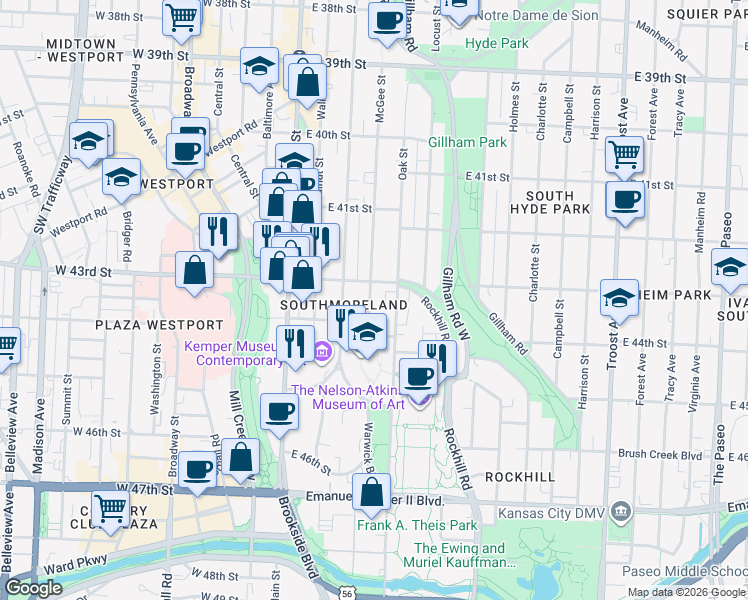 map of restaurants, bars, coffee shops, grocery stores, and more near 4317 McGee Street in Kansas City