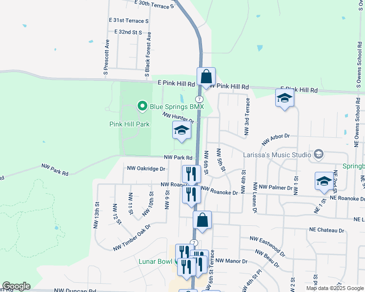 map of restaurants, bars, coffee shops, grocery stores, and more near 717 Northwest Park Road in Blue Springs