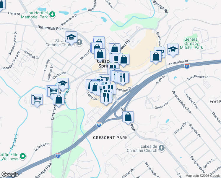 map of restaurants, bars, coffee shops, grocery stores, and more near Buttermilk Pike & Grandview Dr in Crescent Springs