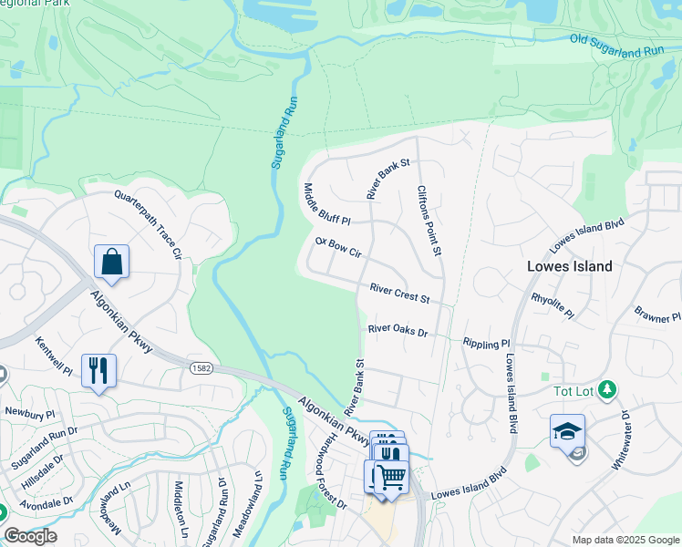 map of restaurants, bars, coffee shops, grocery stores, and more near 47312 Ox Bow Circle in Sterling