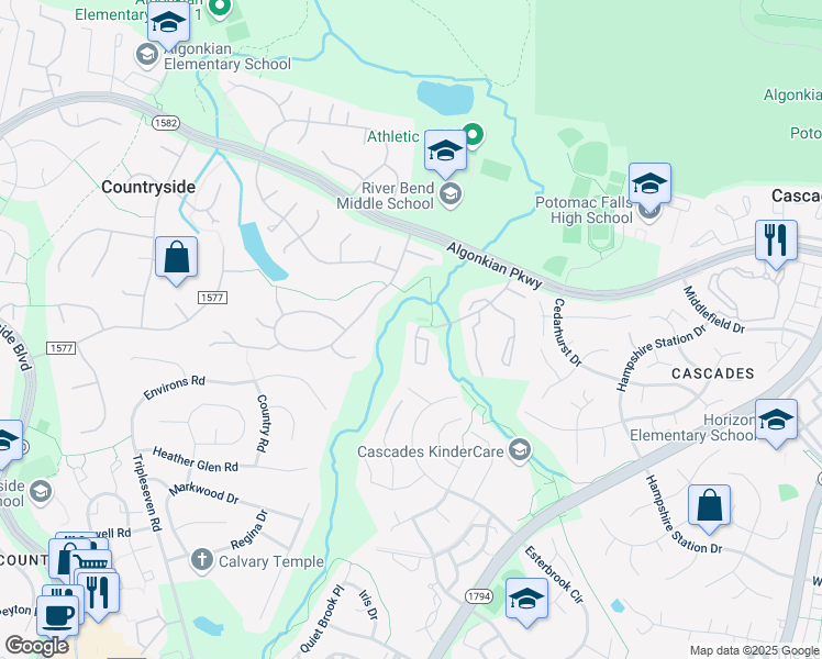 map of restaurants, bars, coffee shops, grocery stores, and more near 256 Chelmsford Court in Sterling