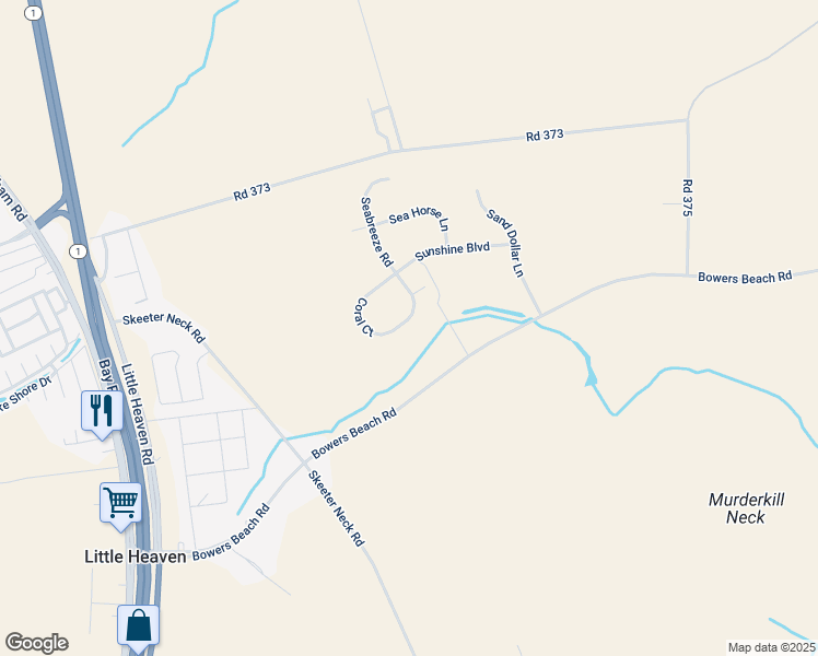 map of restaurants, bars, coffee shops, grocery stores, and more near 250 Coral Court in Frederica