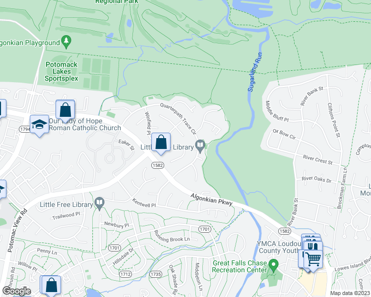 map of restaurants, bars, coffee shops, grocery stores, and more near 47115 Garrett Place in Sterling