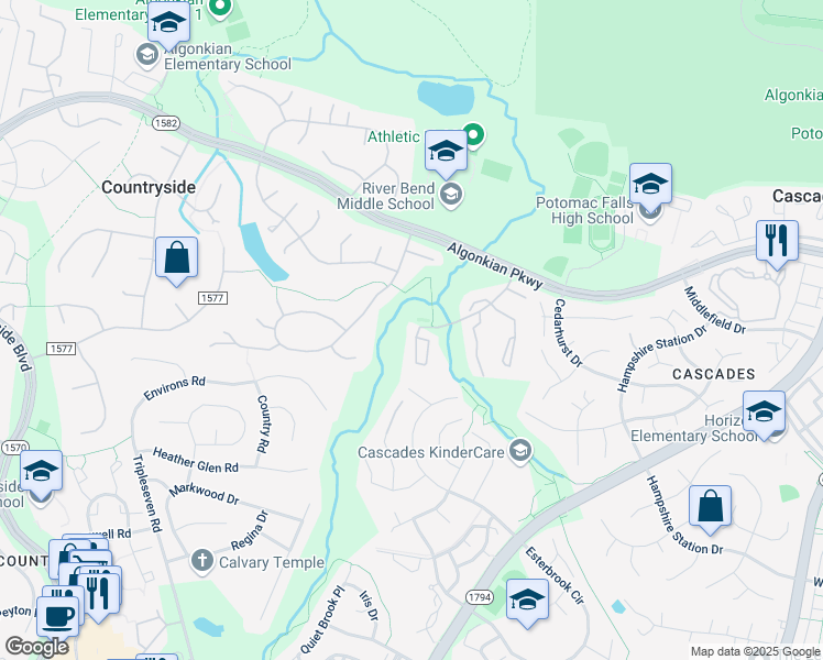 map of restaurants, bars, coffee shops, grocery stores, and more near 256 Chelmsford Court in Sterling